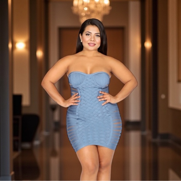 NEW•CREME DE LA CREME SABRINA BLUE BANDAGE SEXY BODYCON DRESS•1X-3X - Picture 2 of 16